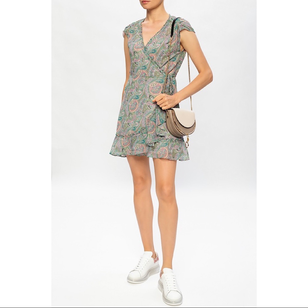 NWT ALLSAINTS Zini Shahmina Paisley Wrap Mini Short Sleeve Dress Green Pink